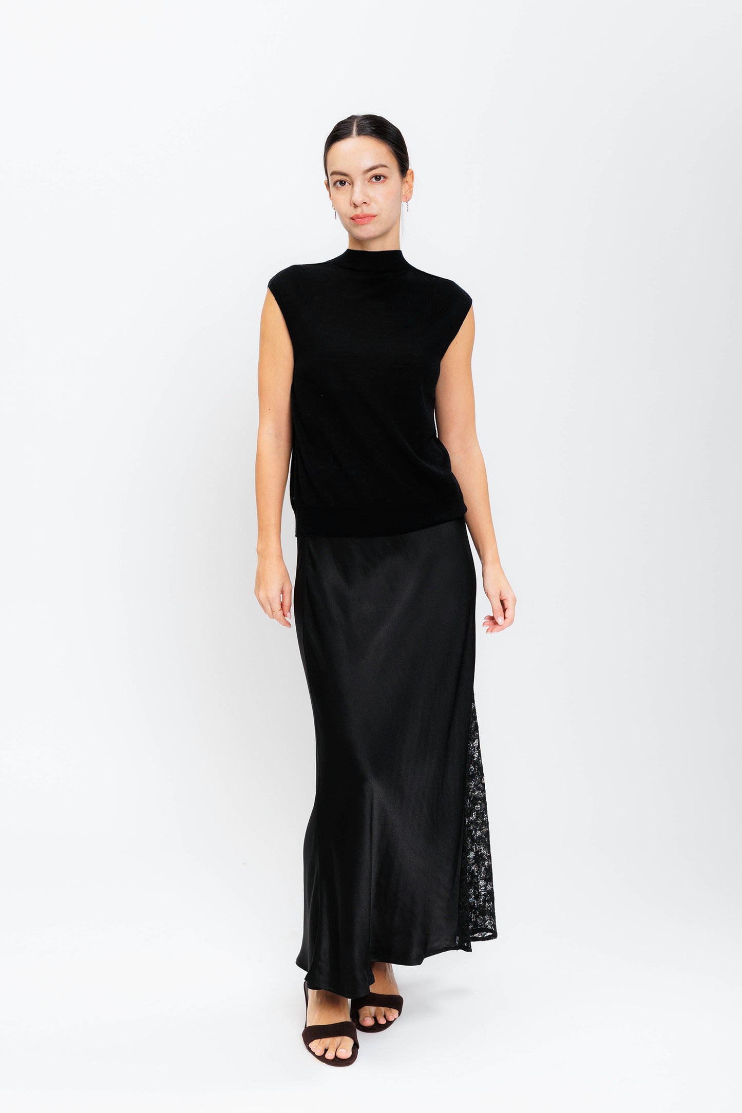 Midi Satin & Lace Skirt - Black