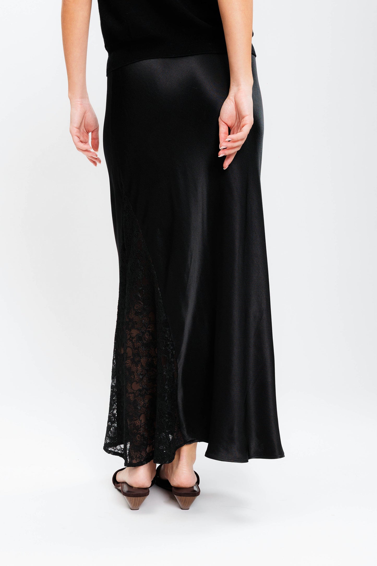 Midi Satin & Lace Skirt - Black