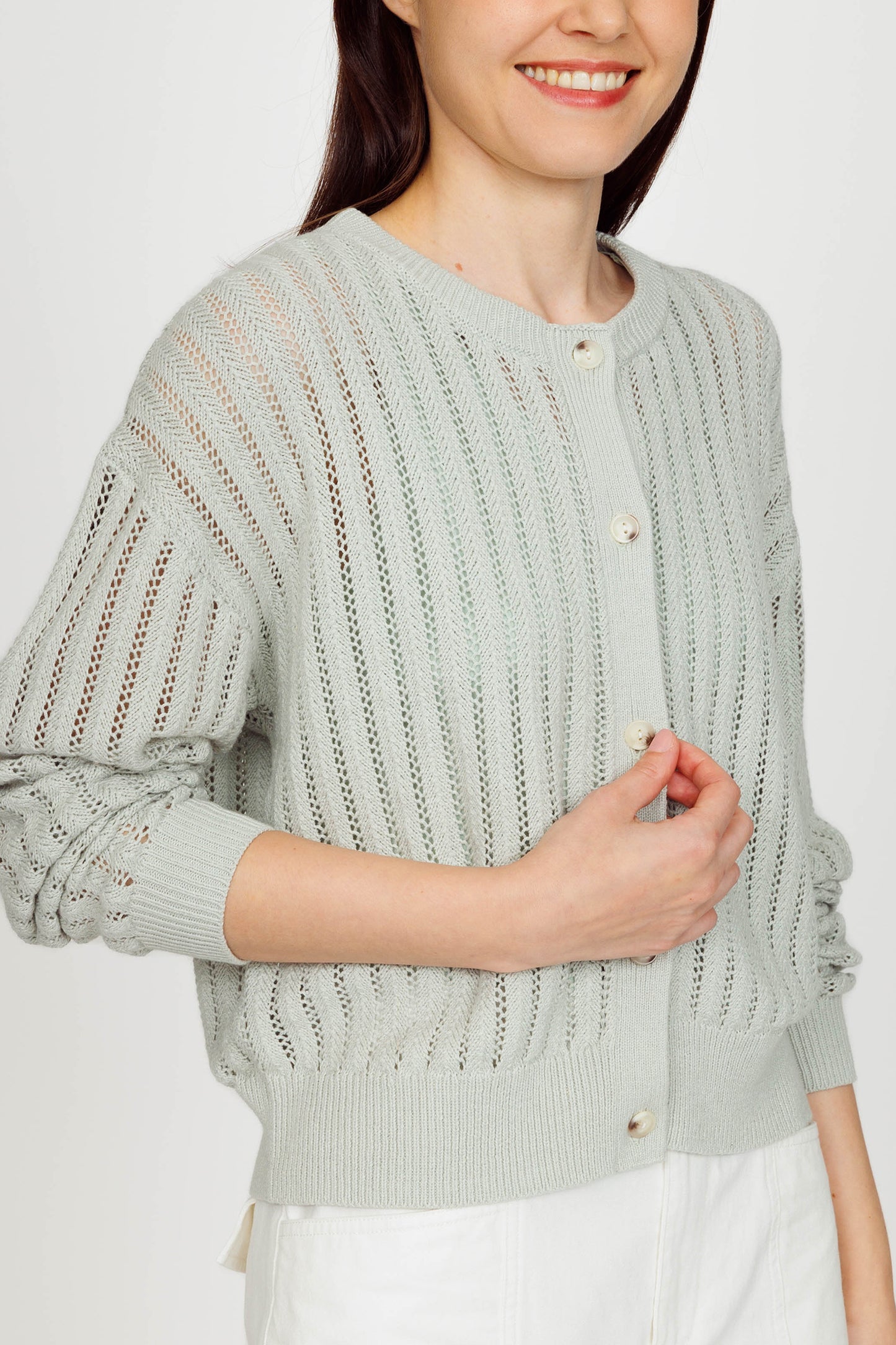 Openwork Linen Cardigan (removable collar) - Jade
