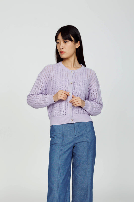 Openwork Linen Cardigan (removable Collar) - Lavender