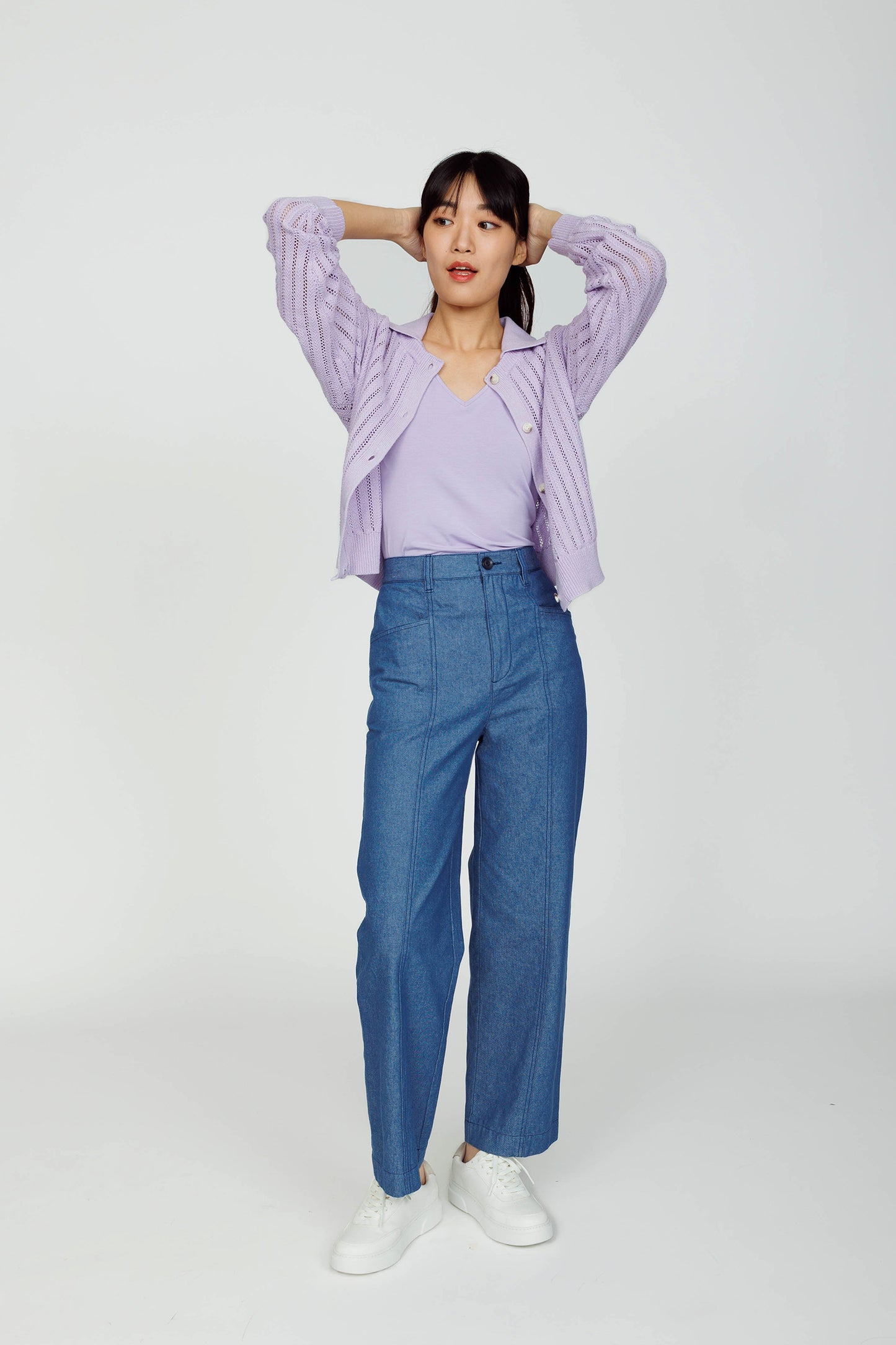 Openwork Linen Cardigan (removable Collar) - Lavender
