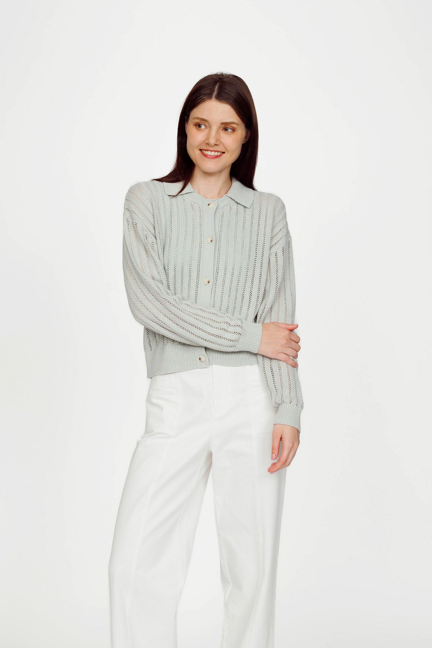 Openwork Linen Cardigan (removable collar) - Jade