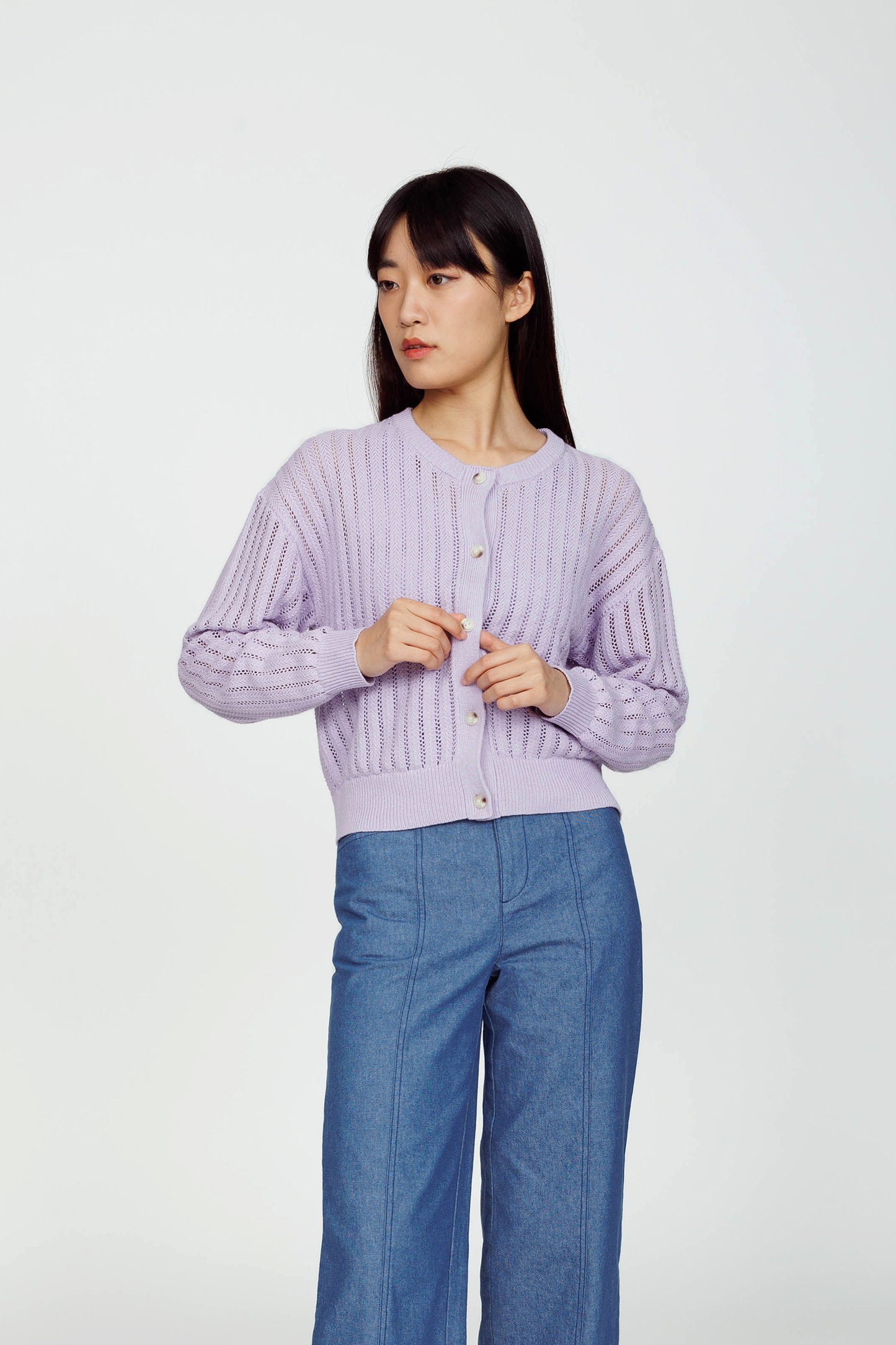 Openwork Linen Cardigan (removable Collar) - Lavender