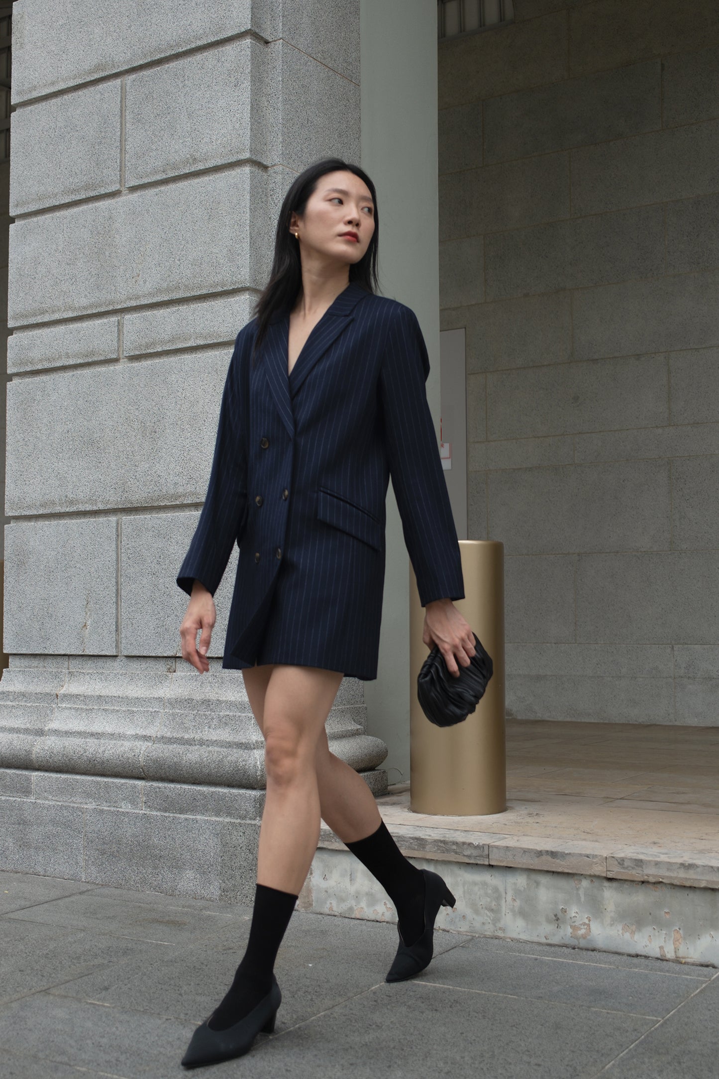 Double-breasted Wool Blazer-Coat - Navy Pinstripe