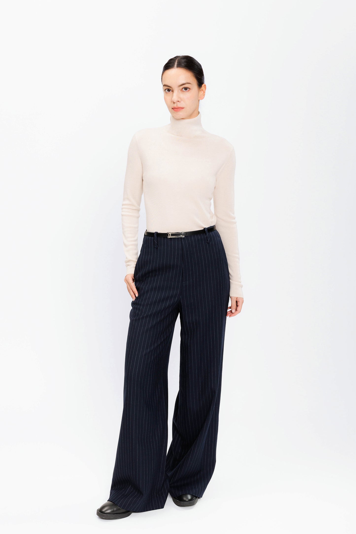 High-waist Wool Wide Trouser - Navy Pinstripe