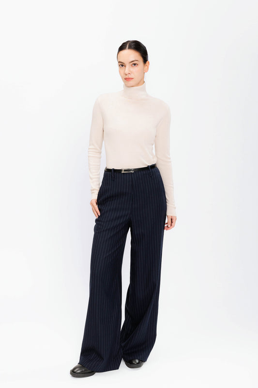High-waist Wool Wide Trouser - Navy Pinstripe