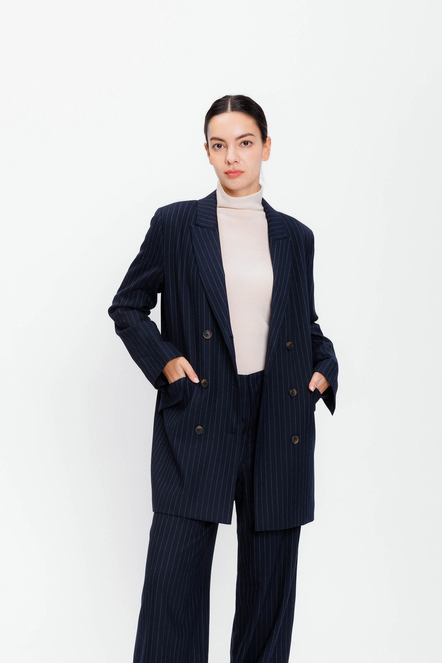 Double-breasted Wool Blazer-Coat - Navy Pinstripe