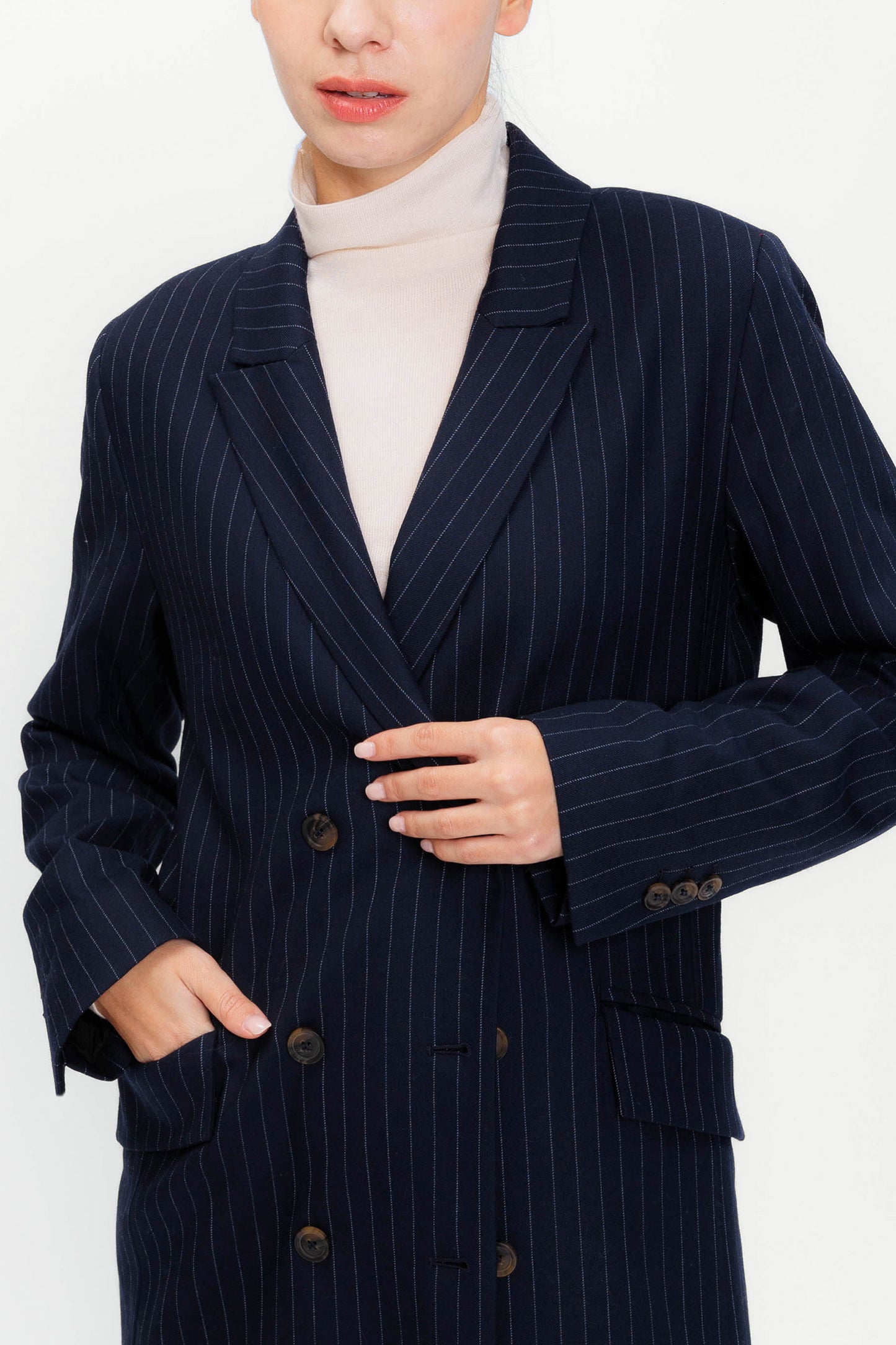 Double-breasted Wool Blazer-Coat - Navy Pinstripe