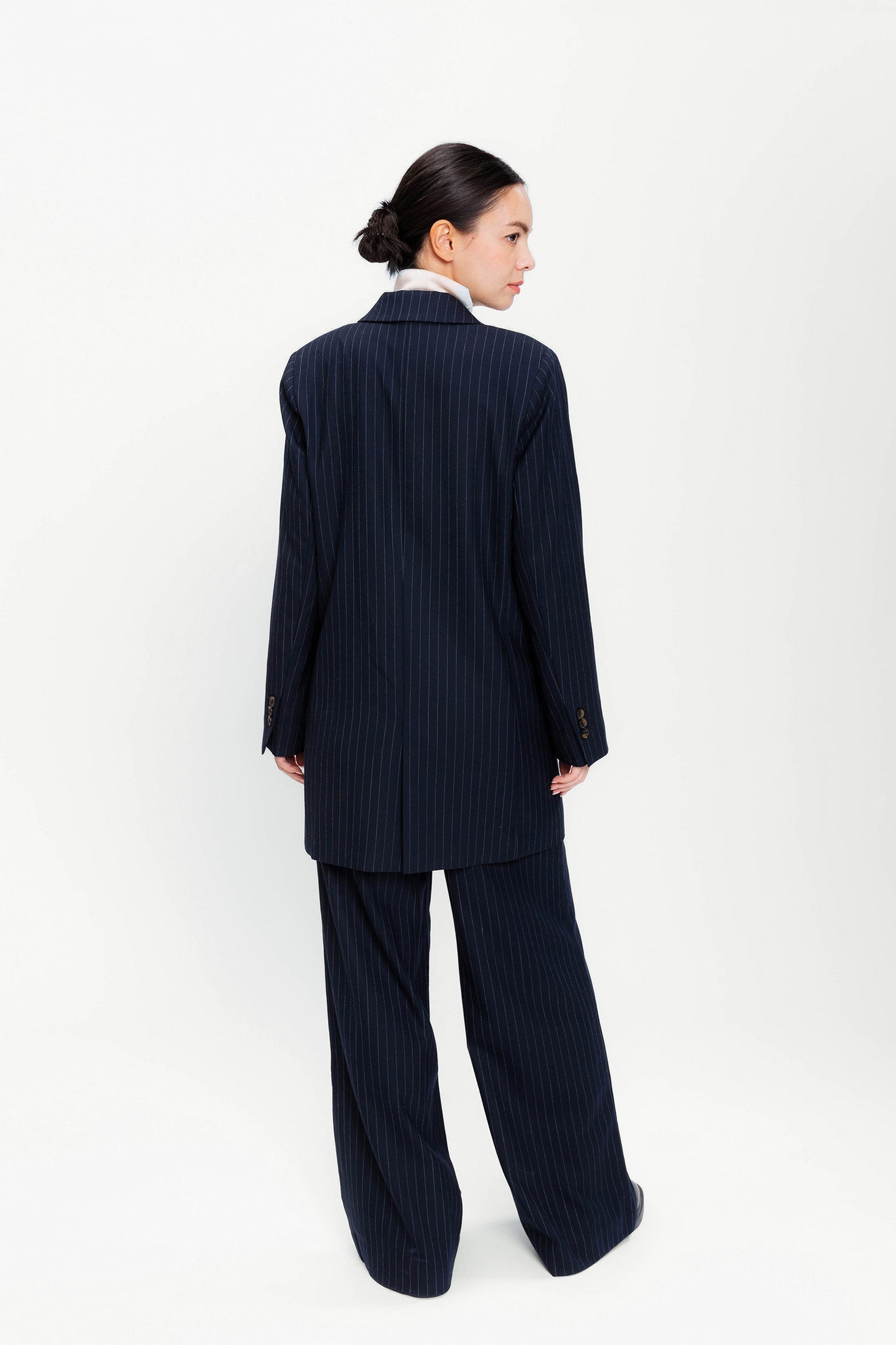 Double-breasted Wool Blazer-Coat - Navy Pinstripe