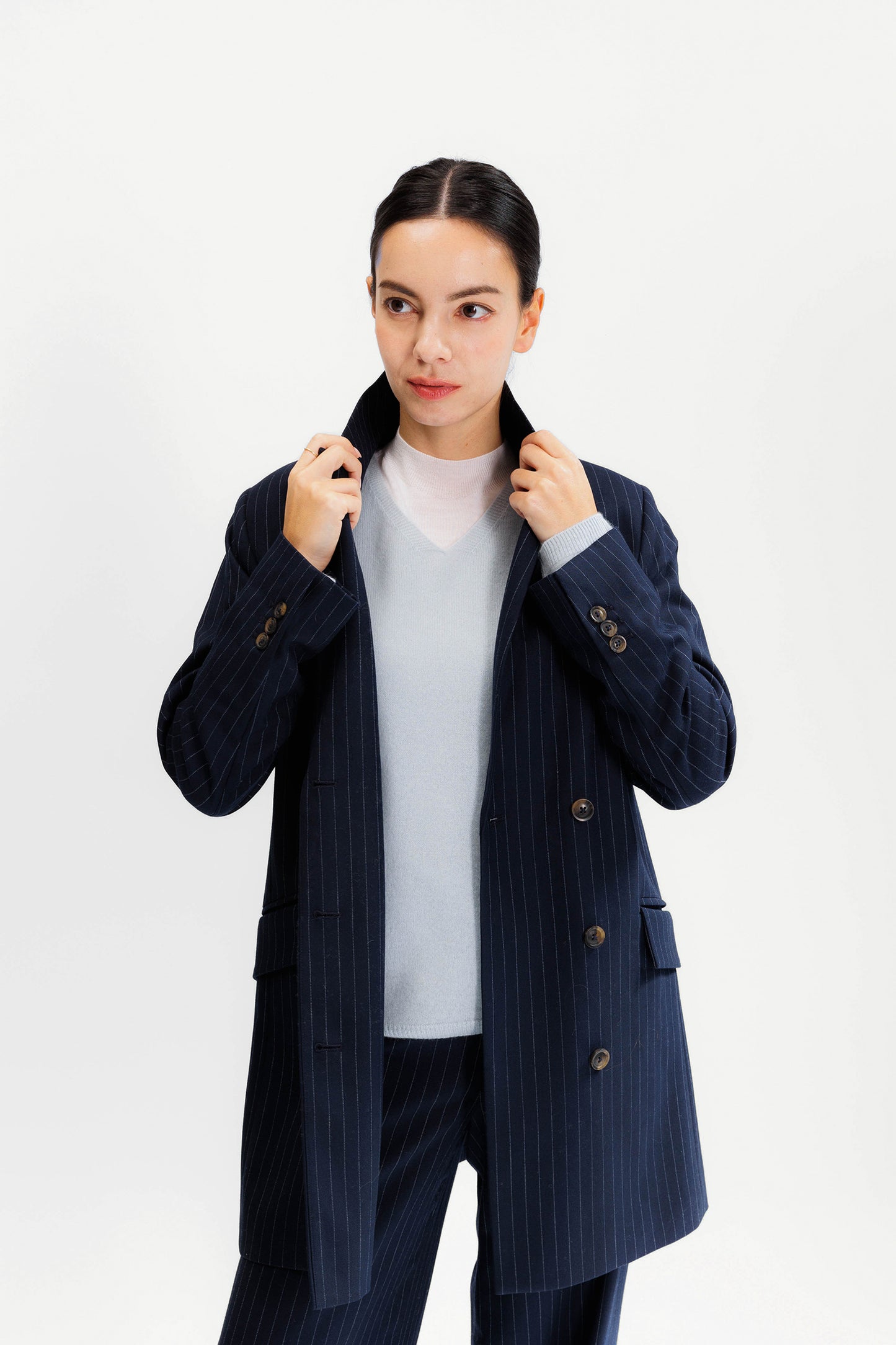 Double-breasted Wool Blazer-Coat - Navy Pinstripe
