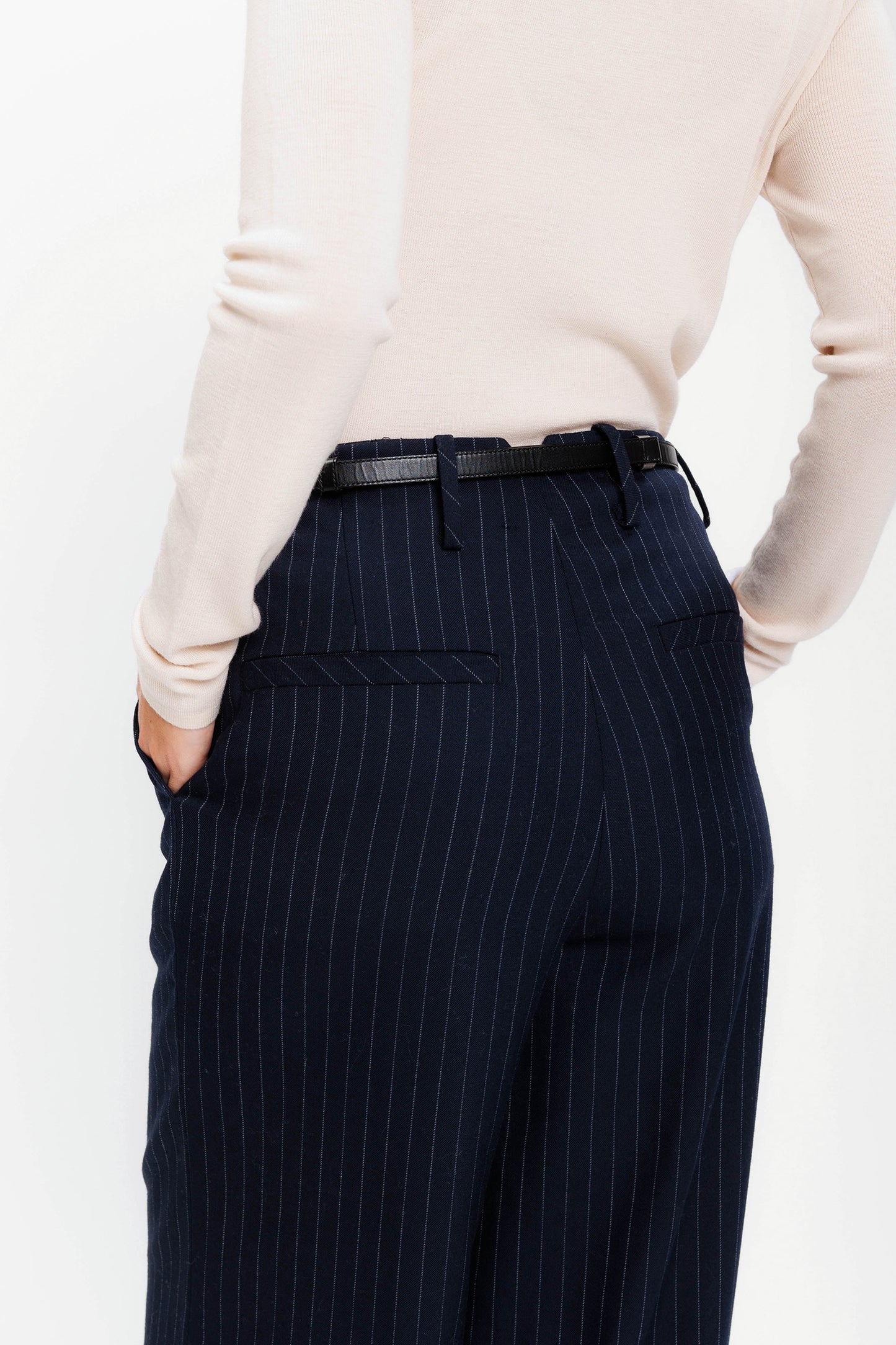 High-waist Wool Wide Trouser - Navy Pinstripe
