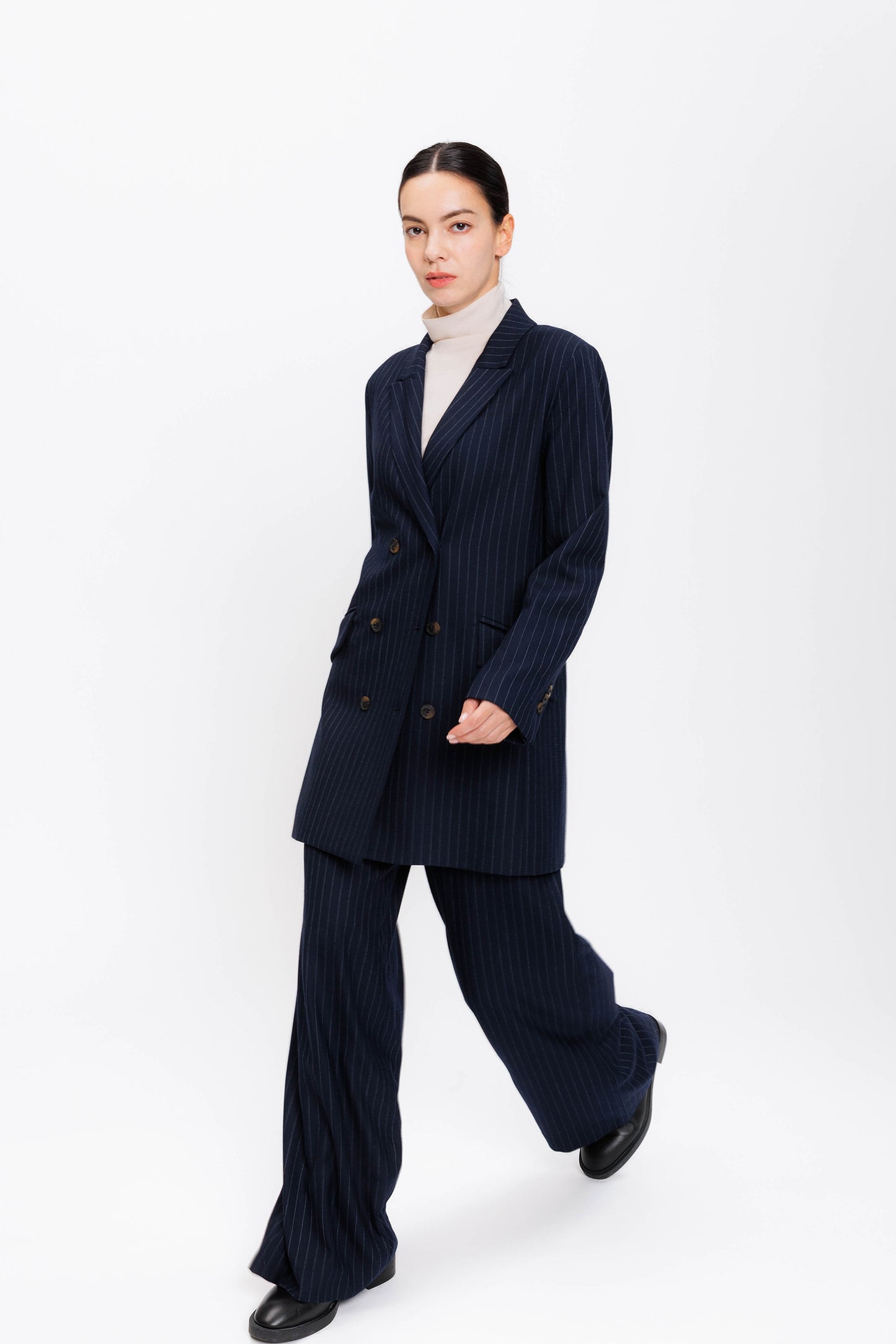 High-waist Wool Wide Trouser - Navy Pinstripe