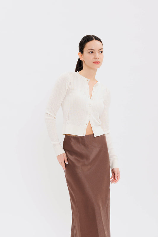 Pointelle Slim Crew Cardigan - Coconut