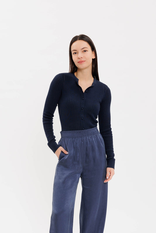 Pointelle Slim Crew Cardigan - Navy