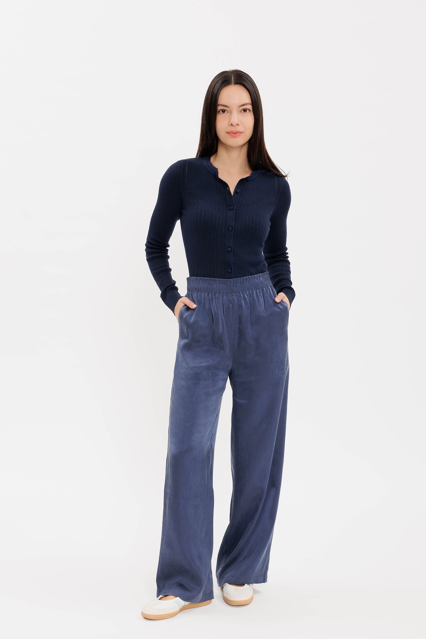 Pointelle Slim Crew Cardigan - Navy