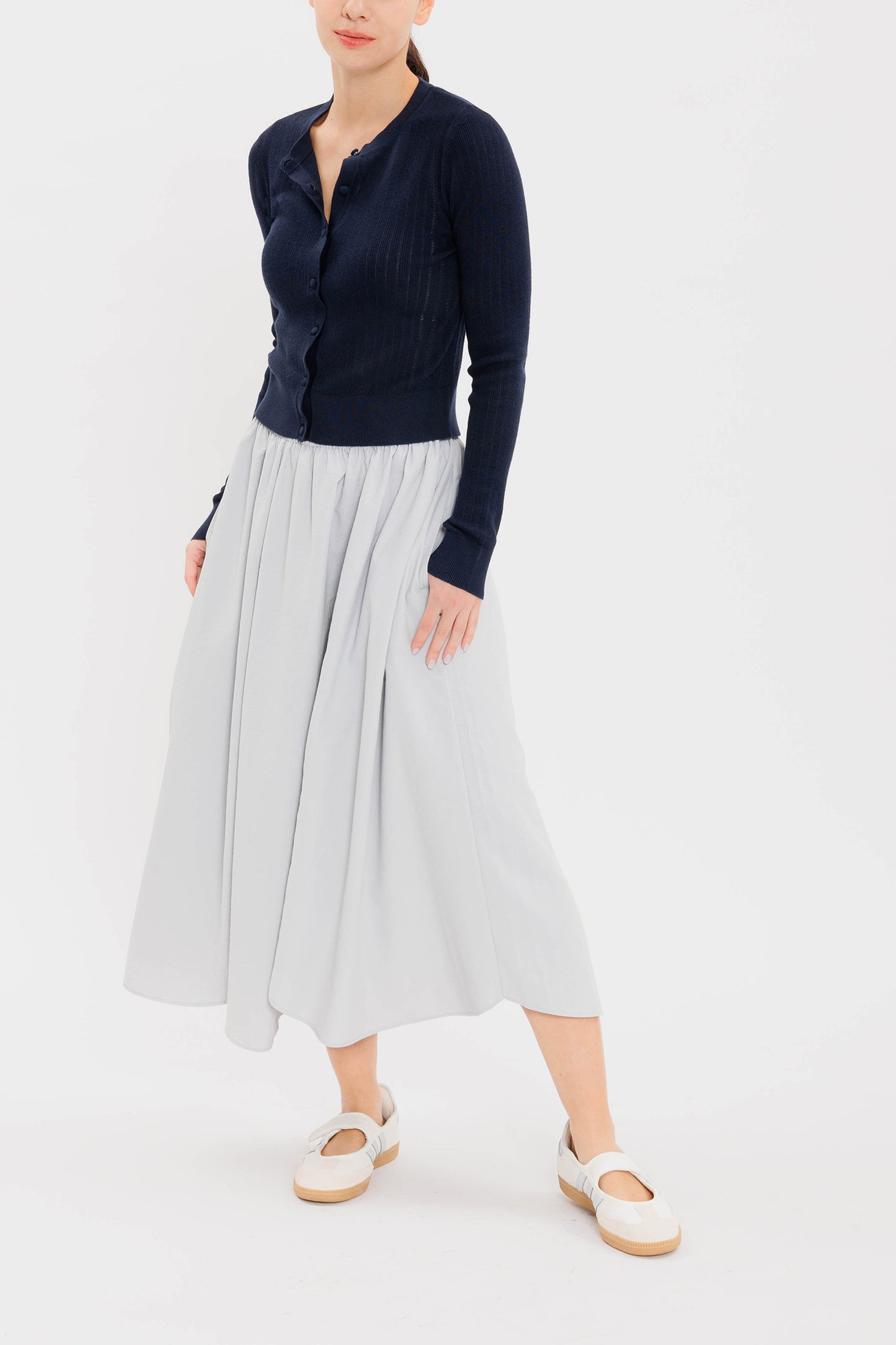 Pointelle Slim Crew Cardigan - Navy