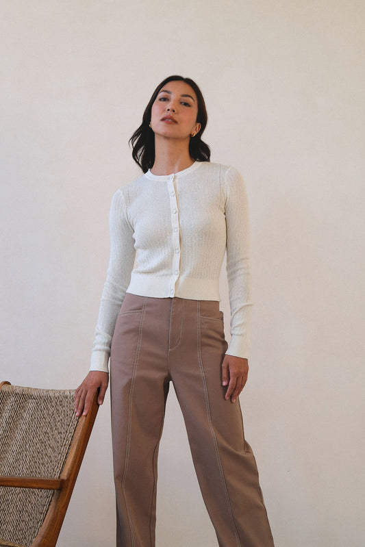 Pointelle Slim Crew Cardigan - Coconut