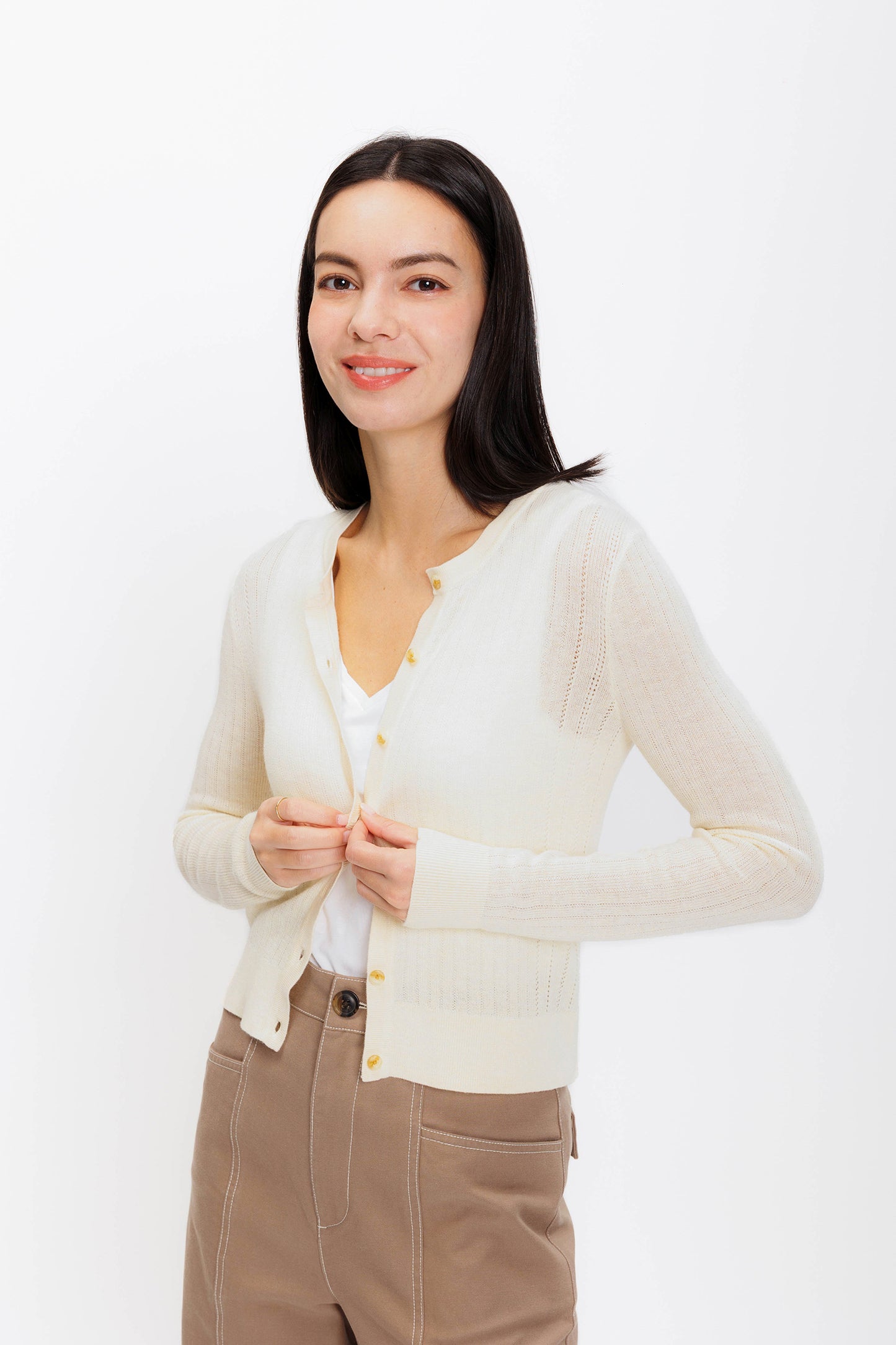 Pointelle Slim Crew Cardigan - Buttercream