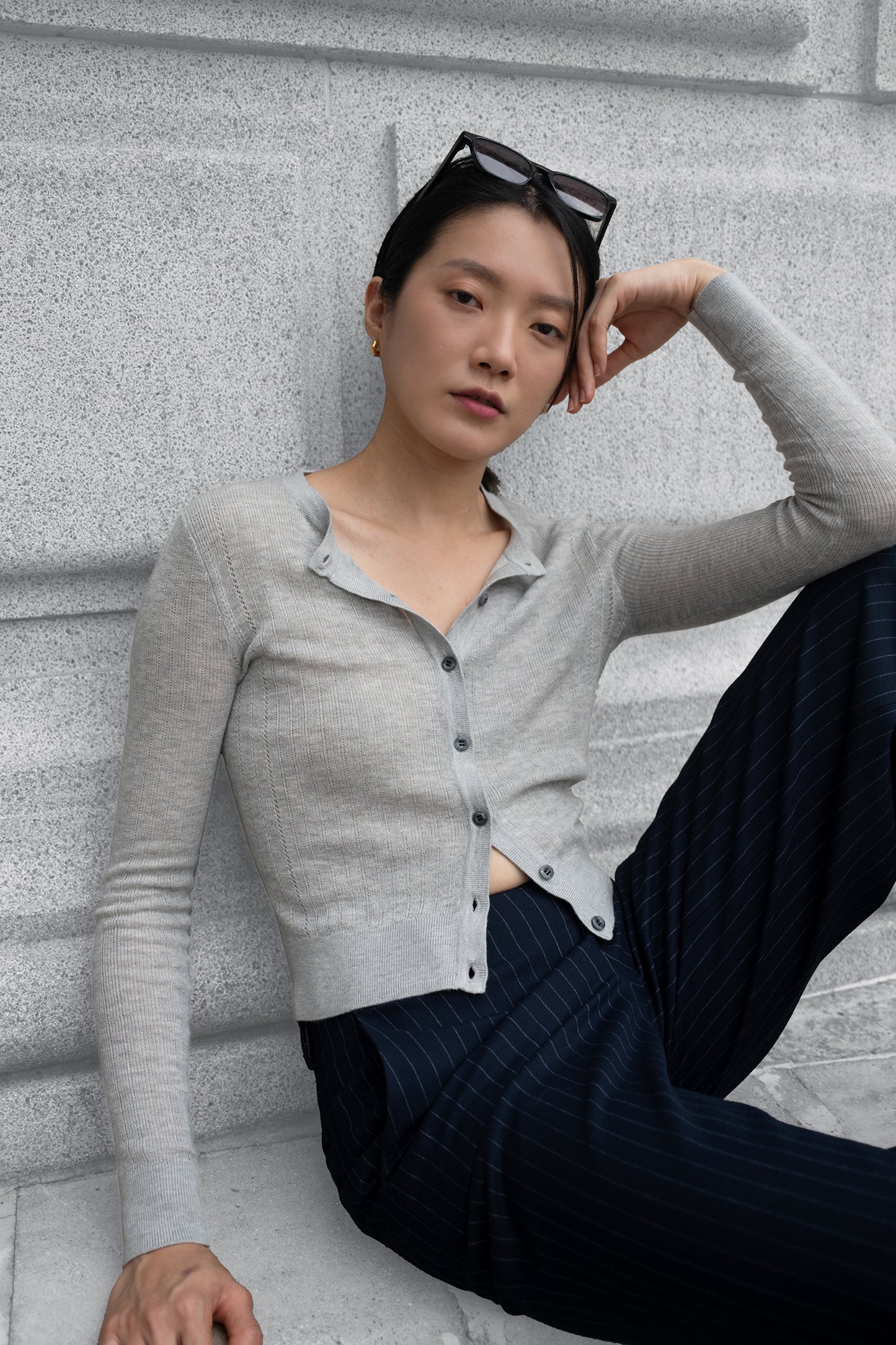 Pointelle Slim Crew Cardigan - Silver