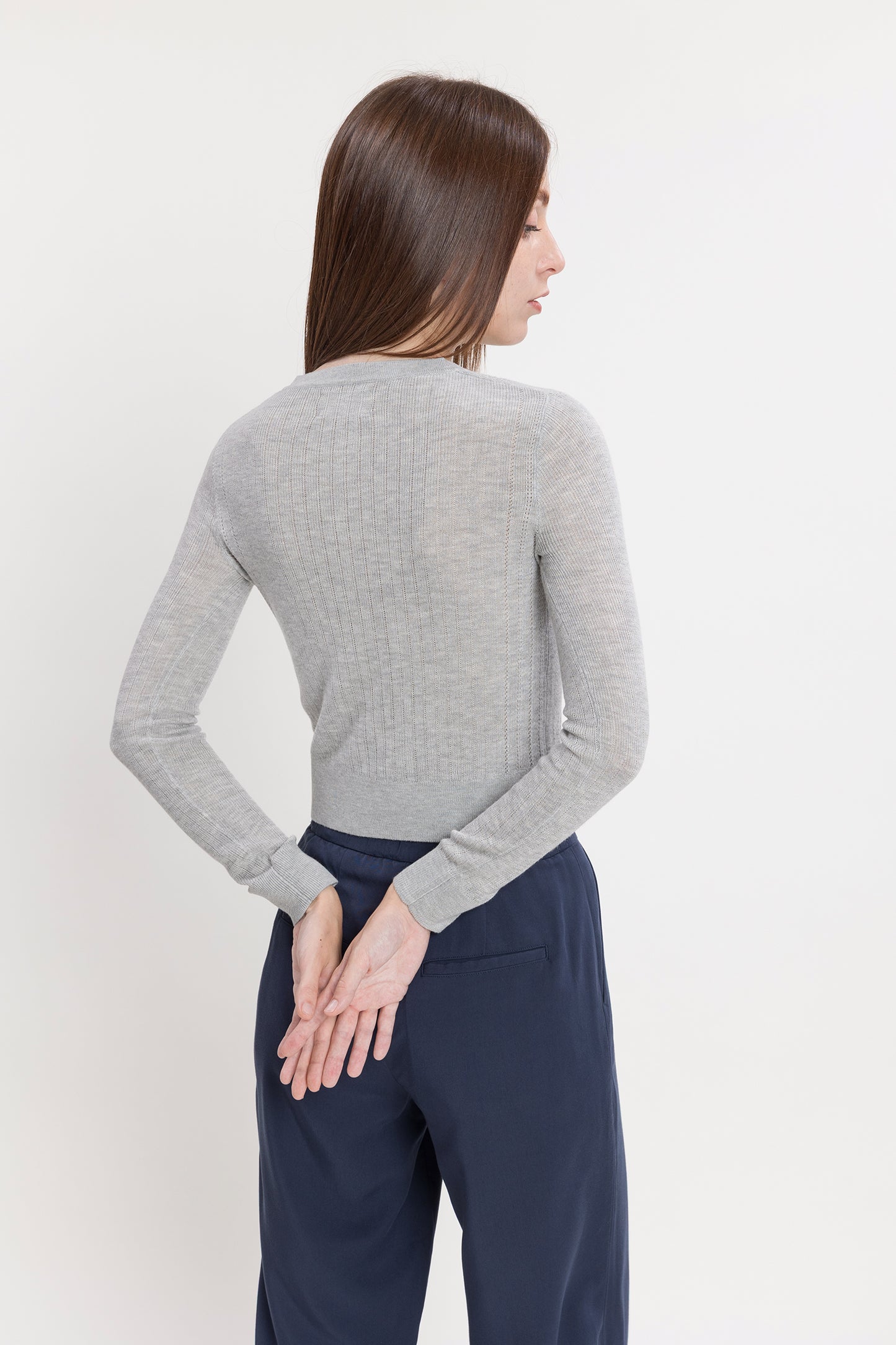 Pointelle Slim Crew Cardigan - Silver