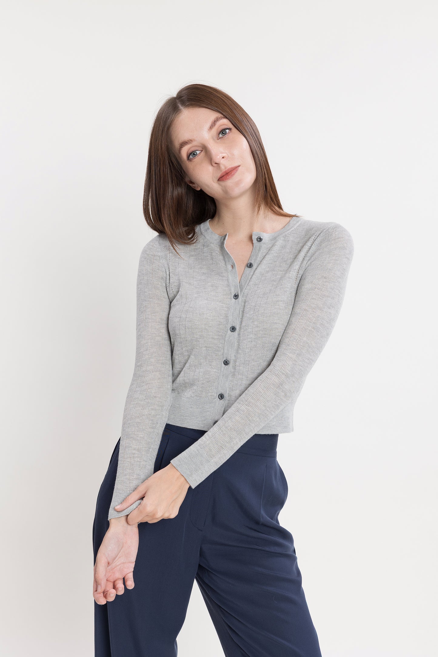 Pointelle Slim Crew Cardigan - Silver