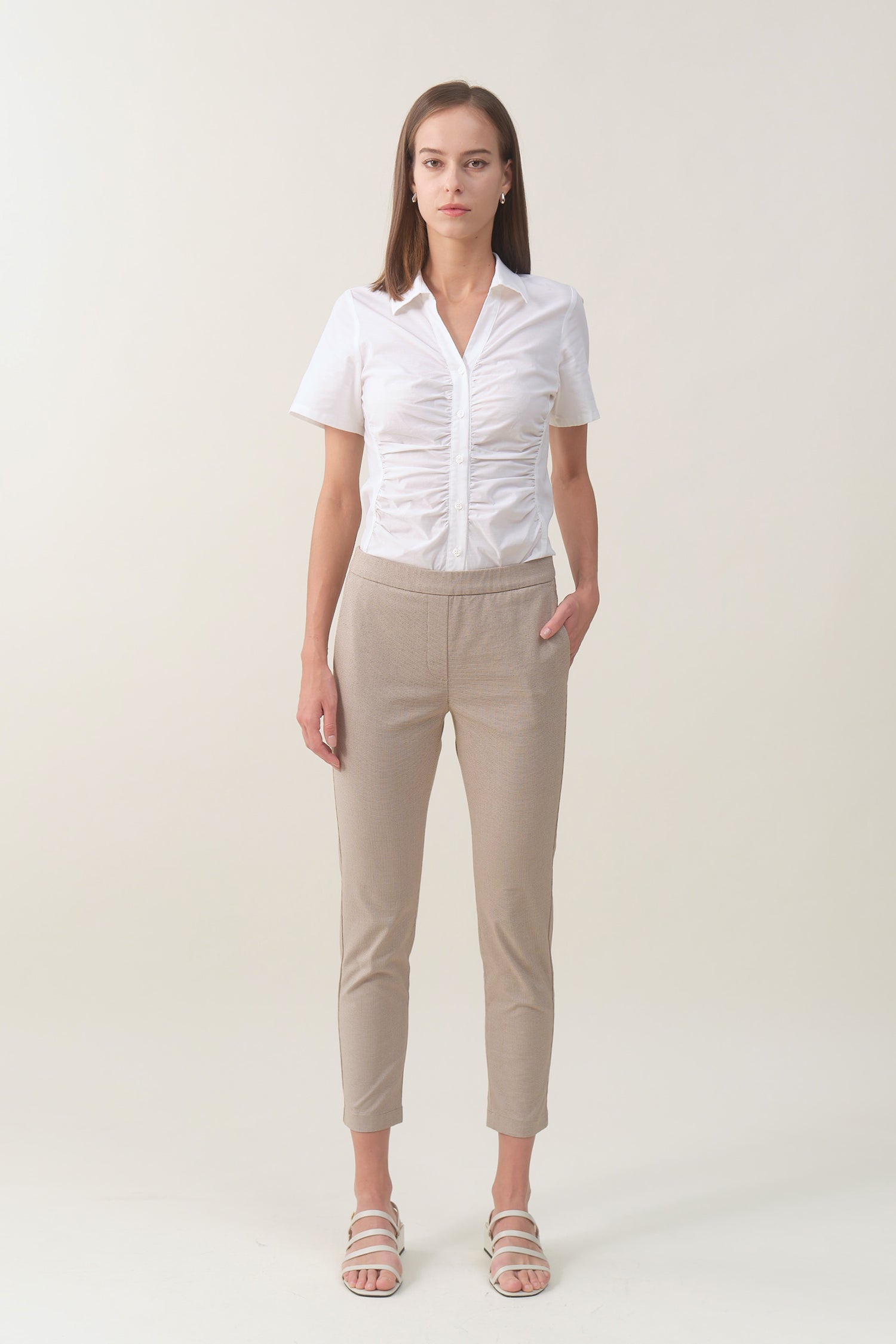 Pull-on Slim Chino - Tan Houndstooth