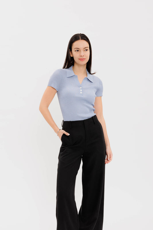 Ribbed Knit Polo - Blue Moon