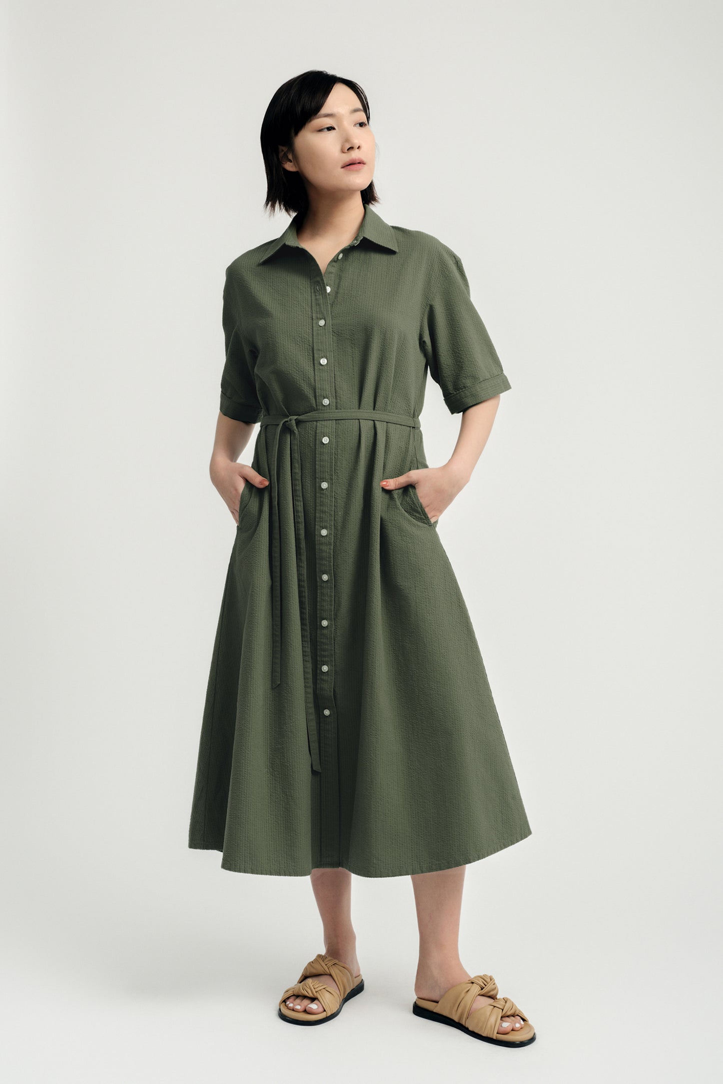 Short-sleeve Midi Shirtdress - Fern Green