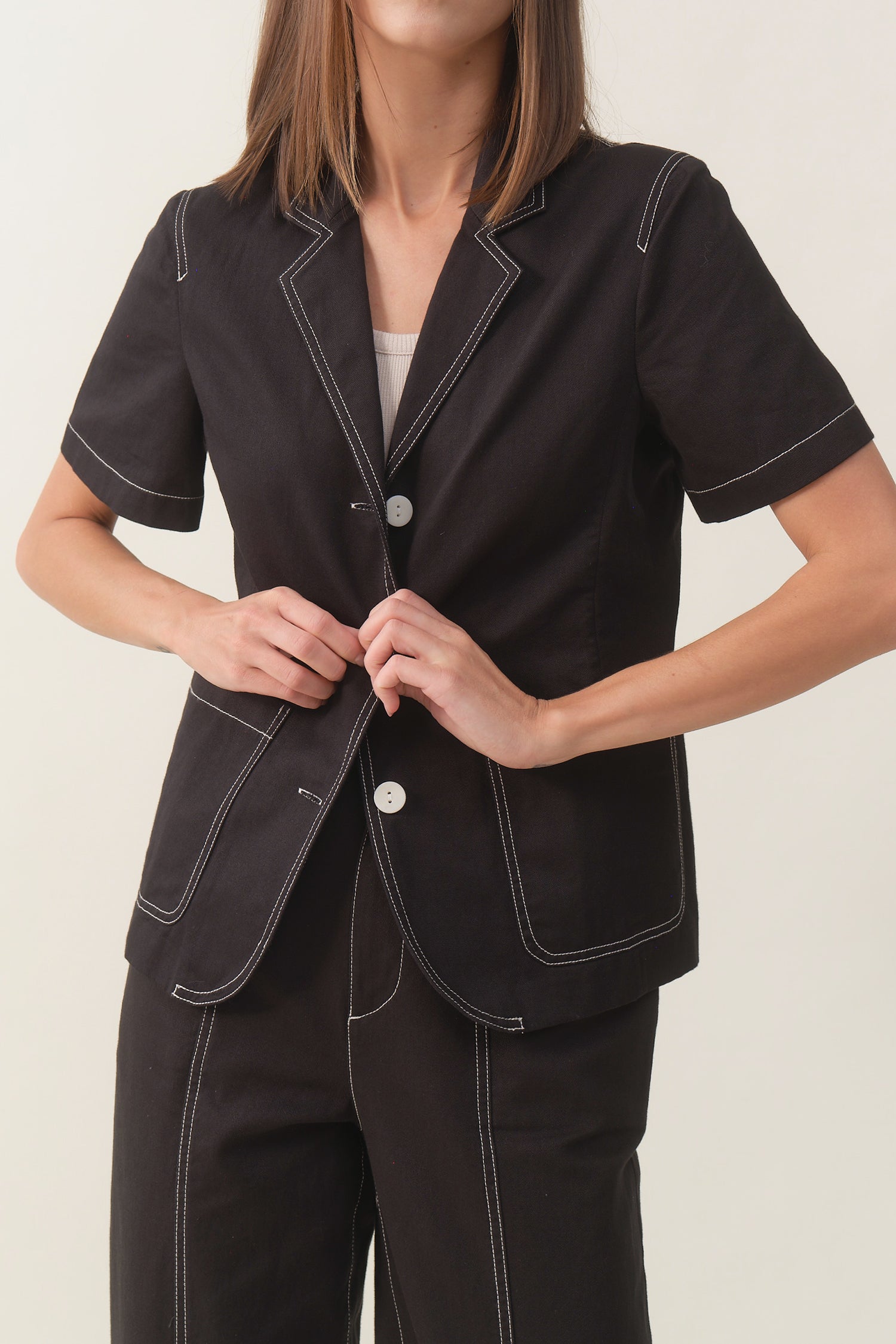 Short Sleeve Linen Blazer - Black