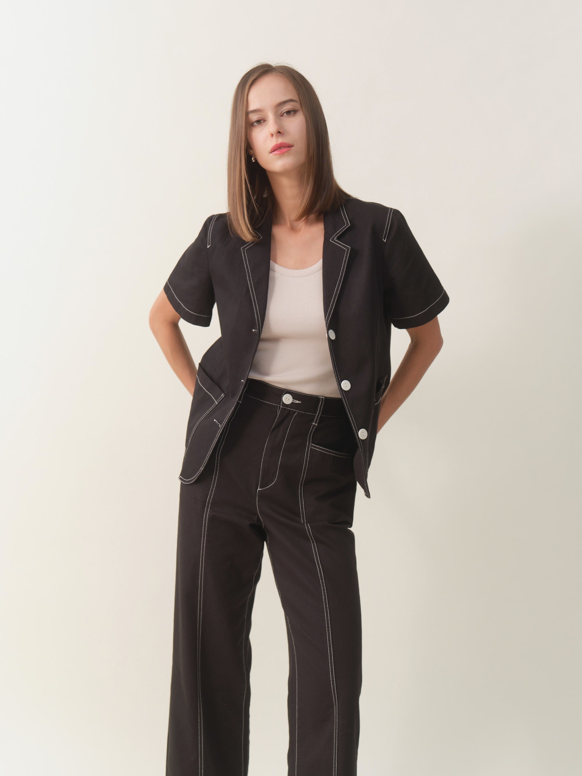 Short Sleeve Linen Blazer - Black
