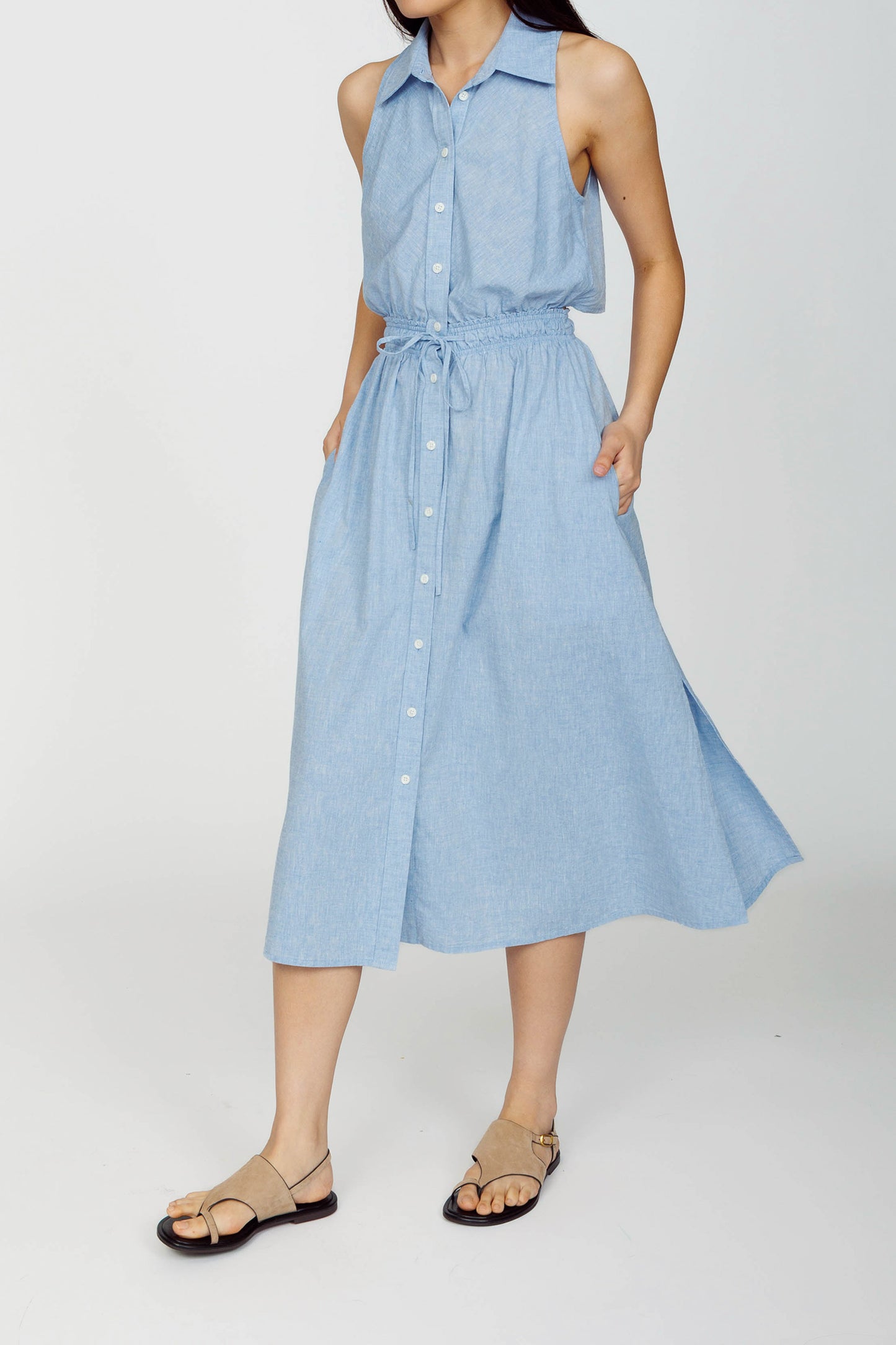 Sleeveless Midi Shirtdress - Light Chambray