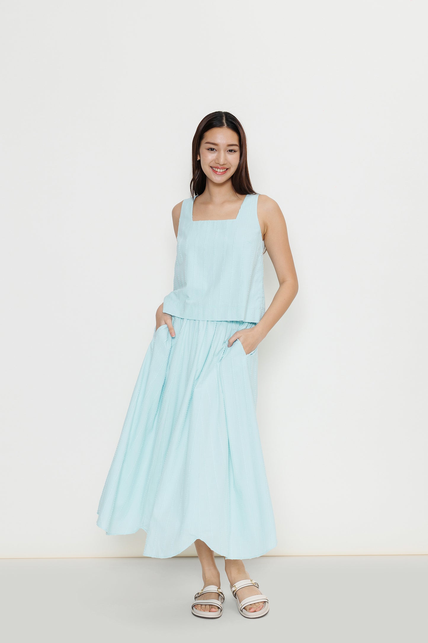 Square-neck Flocked Poplin Top - Mint