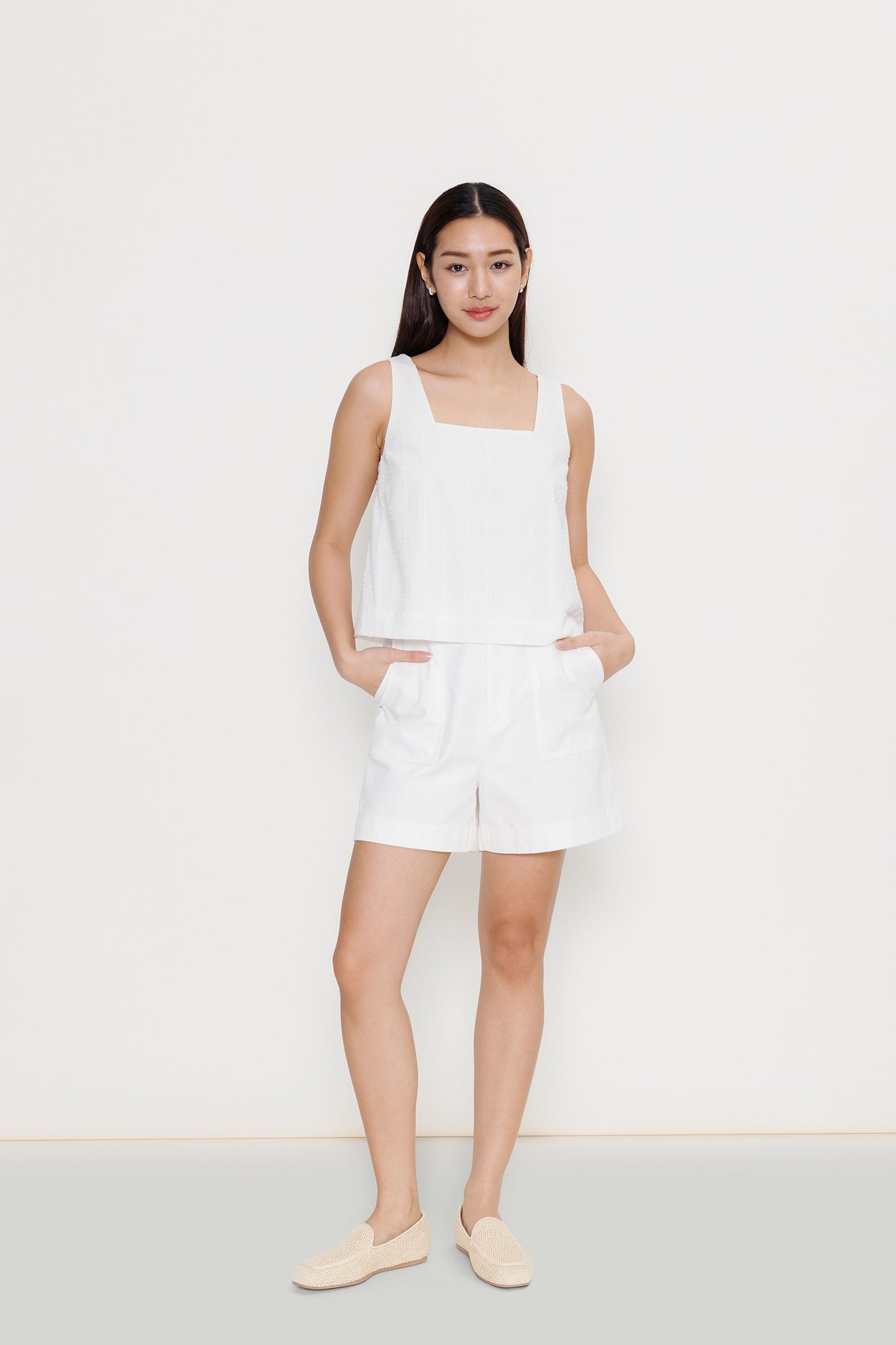 Square-neck Flocked Poplin Top - White