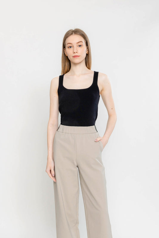 Ribbed Square-neck Knit Tank - Black