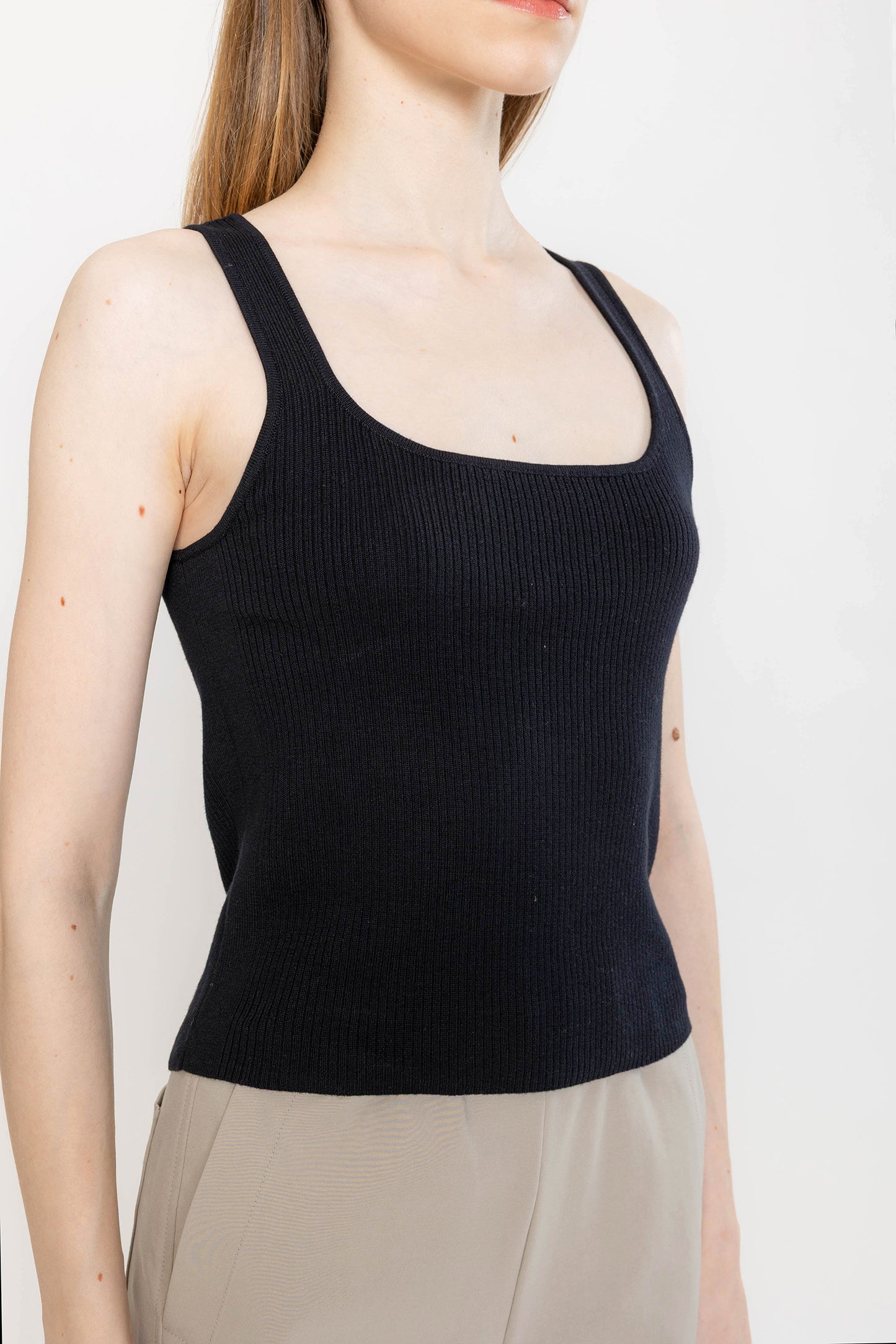 Ribbed Square-neck Knit Tank - Black