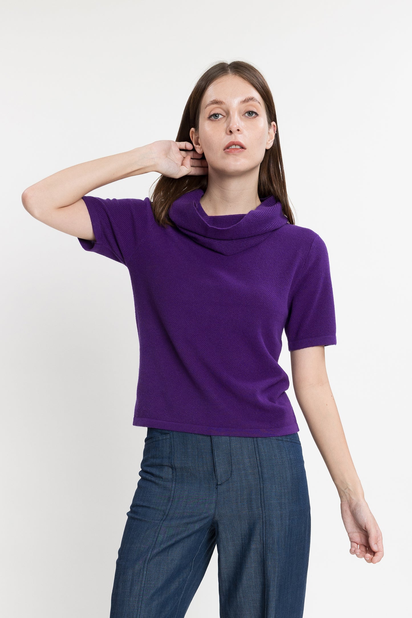 Textured Cashmere Pullover with Snood - Deep Purple