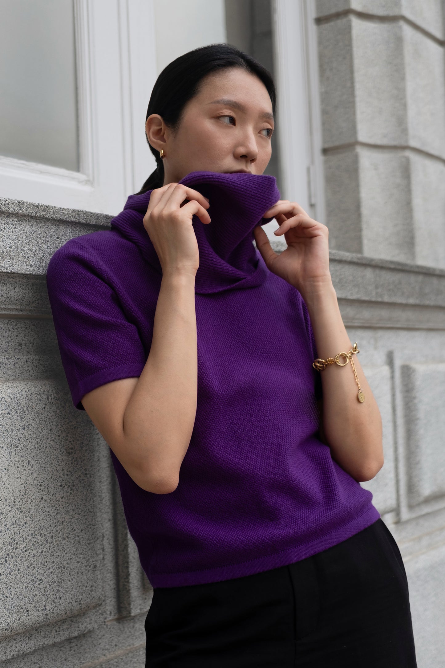 Textured Cashmere Pullover with Snood - Deep Purple