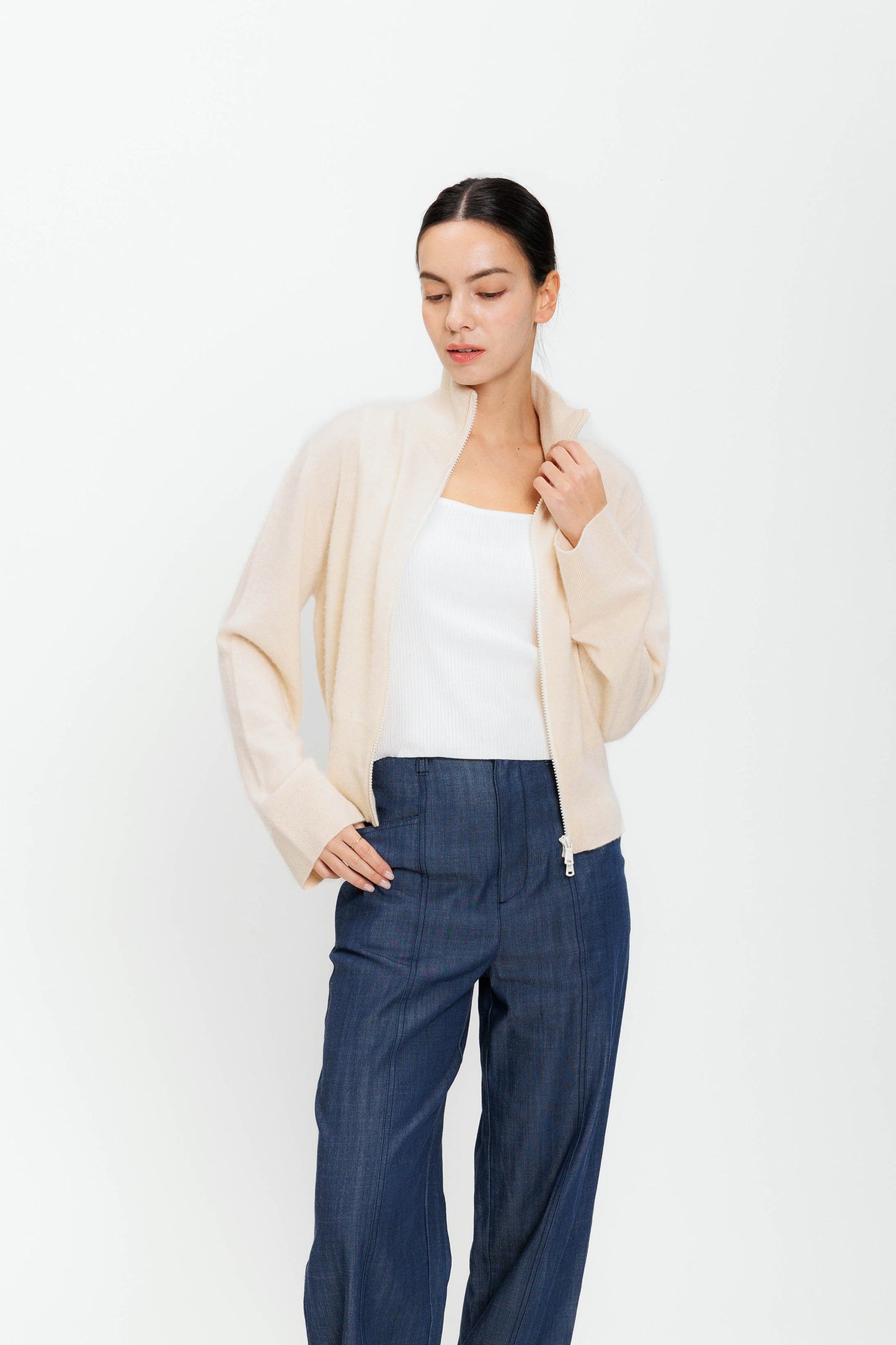 Zip Cashmere Sweater-Jacket - Sand