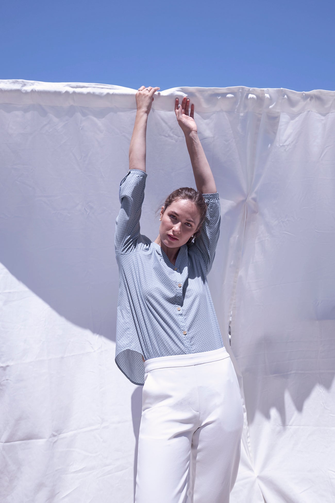 V-neck Easy Shirt - Blue Hatch