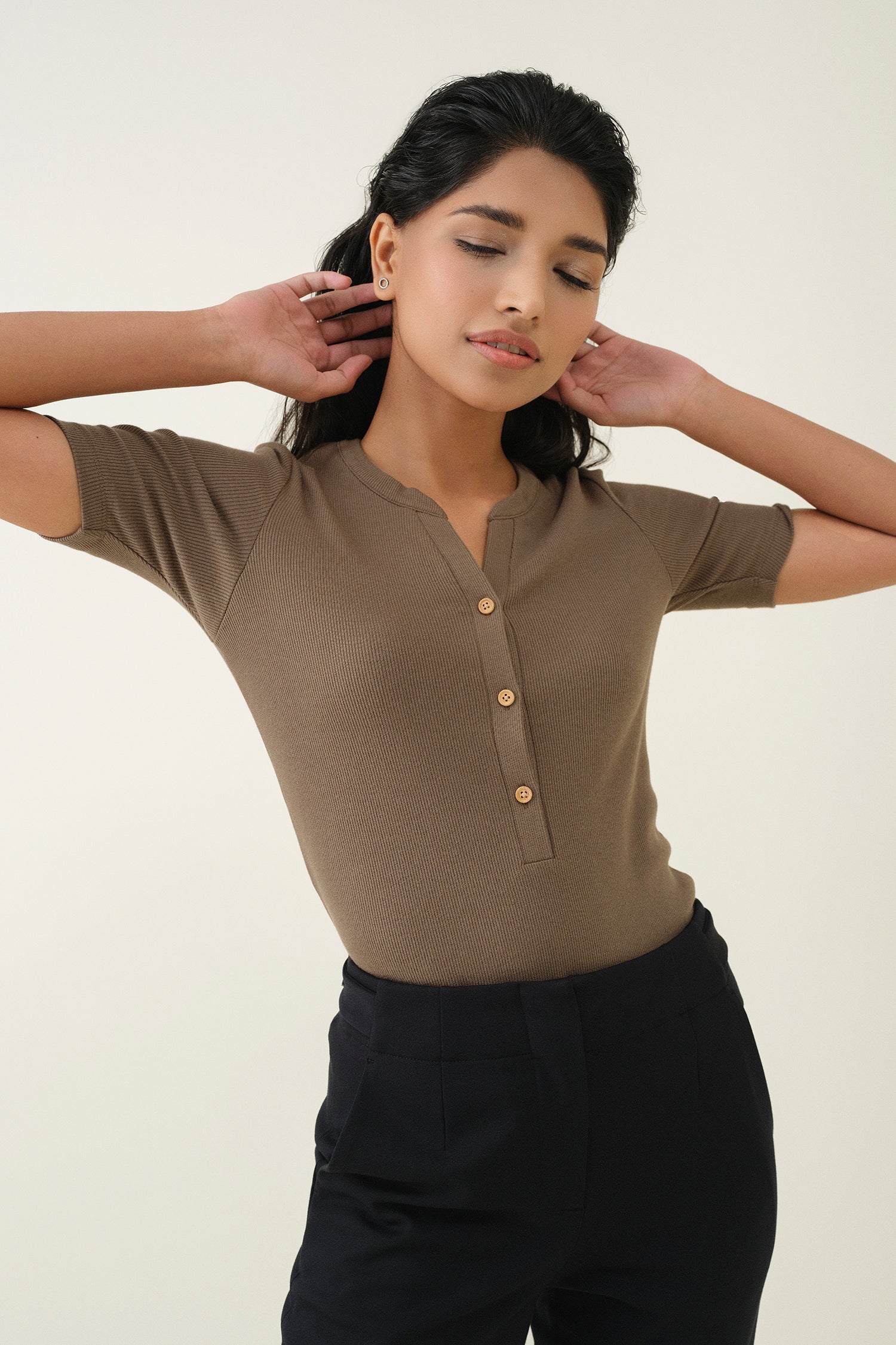 Henley Ribbed Tee - Dark Taupe