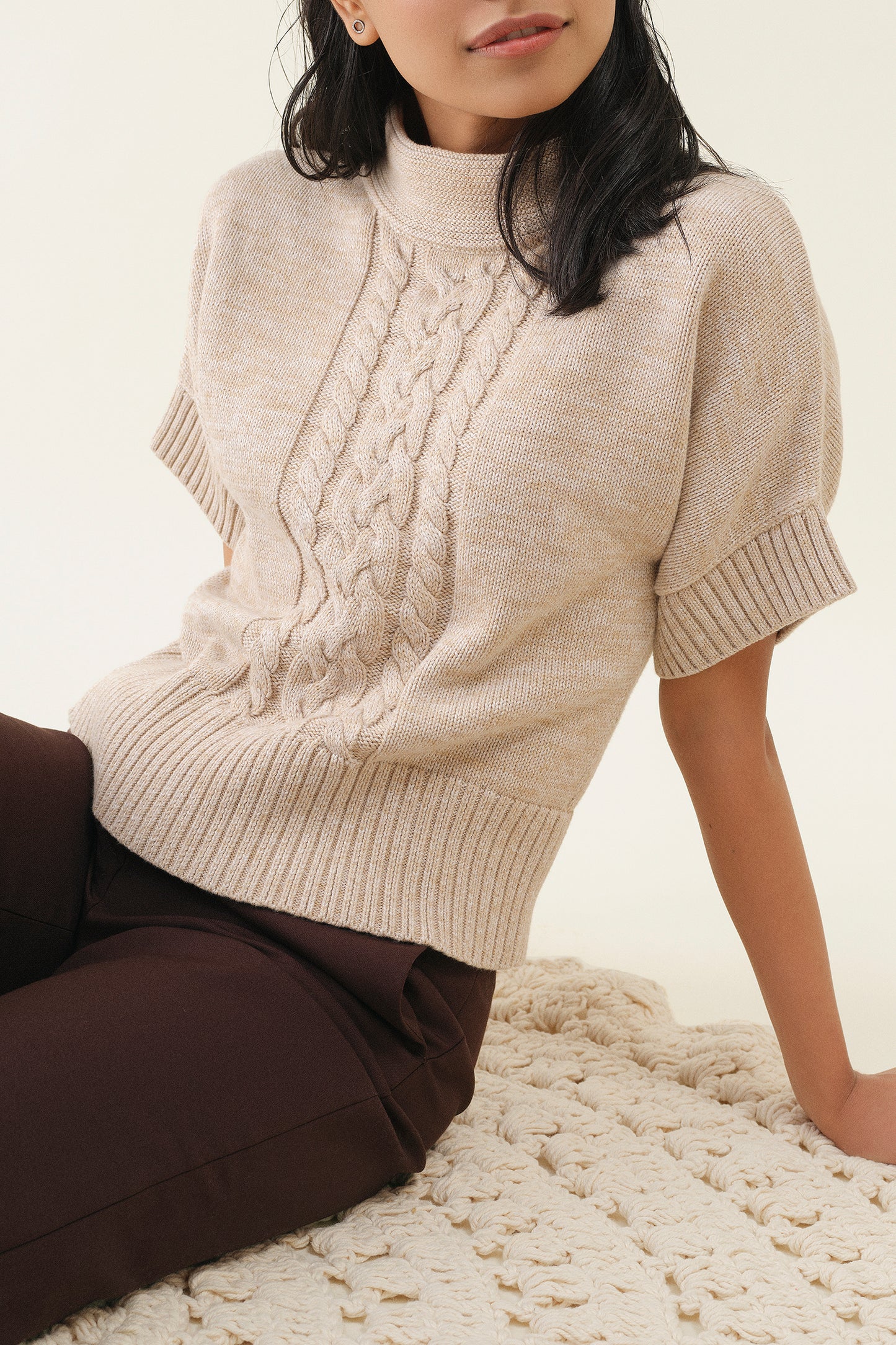 Mock Neck Cable Pullover - Almond