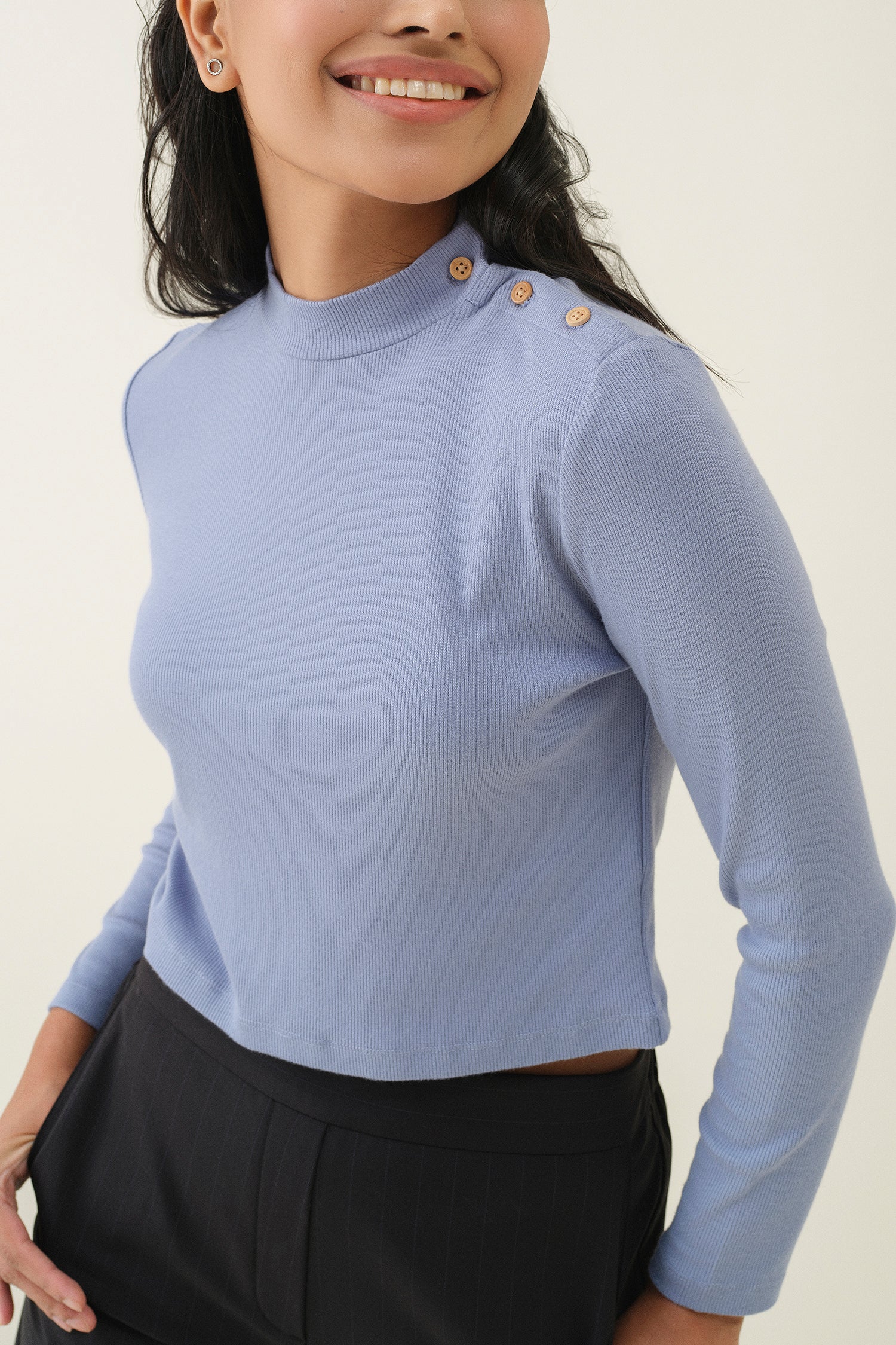 Mockneck Ribbed Top - Washed Denim