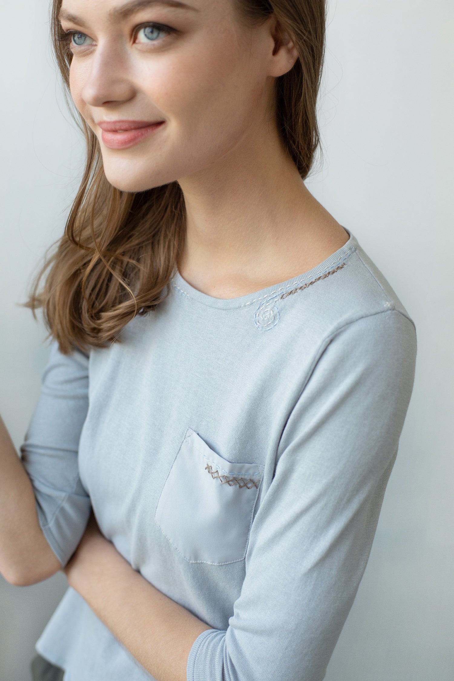 TMR Patch Pocket Embroidered Top - Grey Pearl