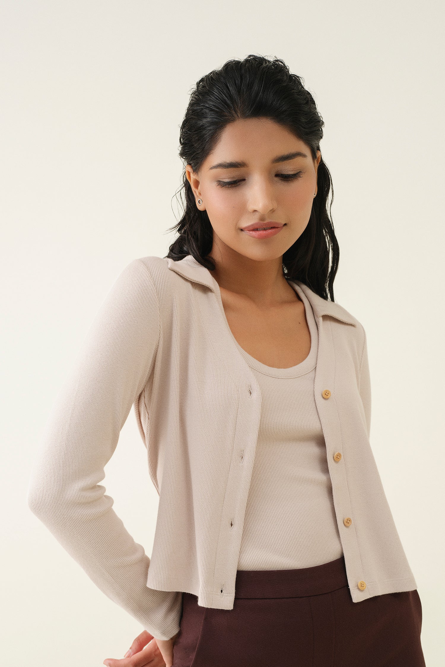 Polo Ribbed Cardigan - Biscuit