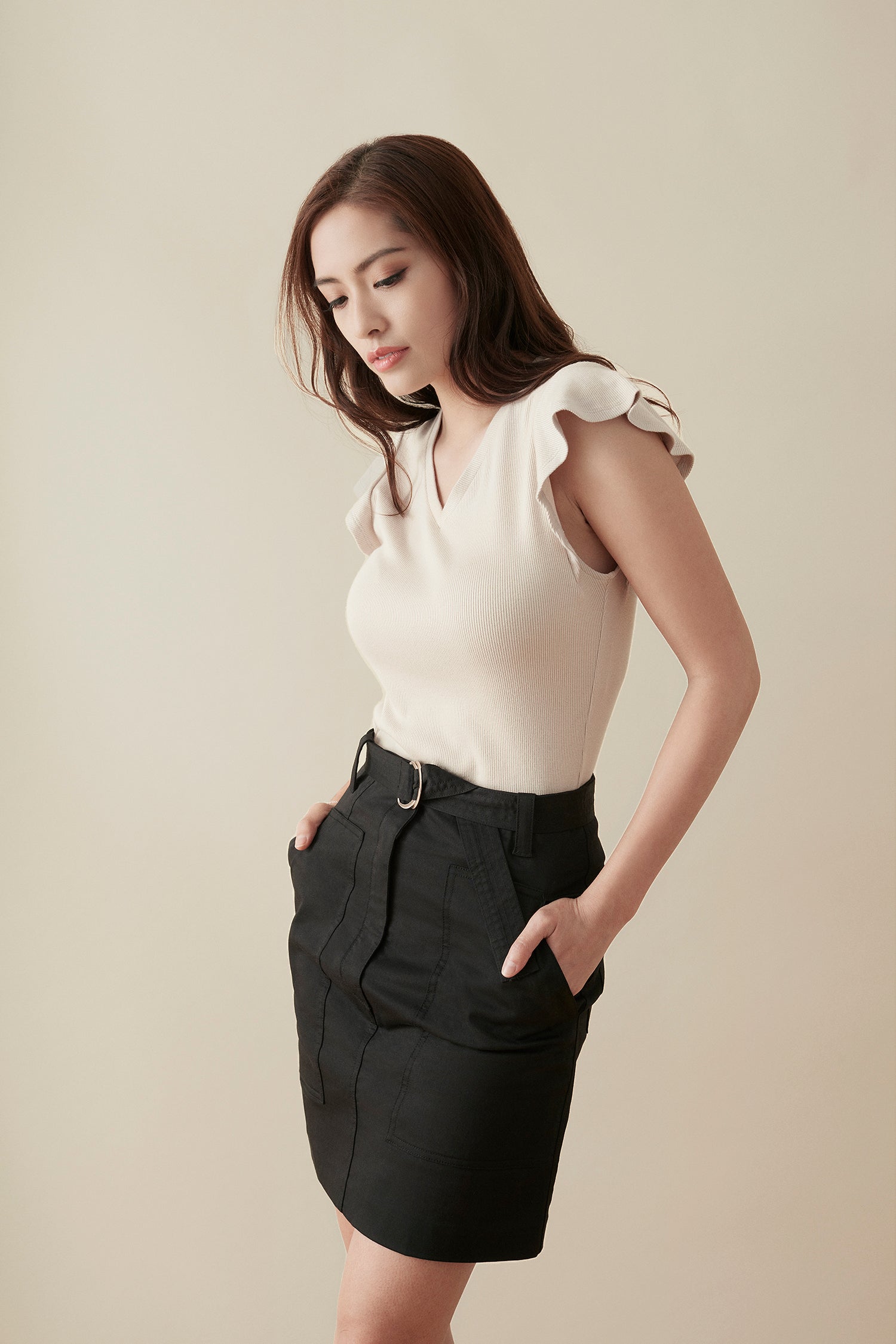 Ruffle Sleeve Ribbed Tee - Biscuit