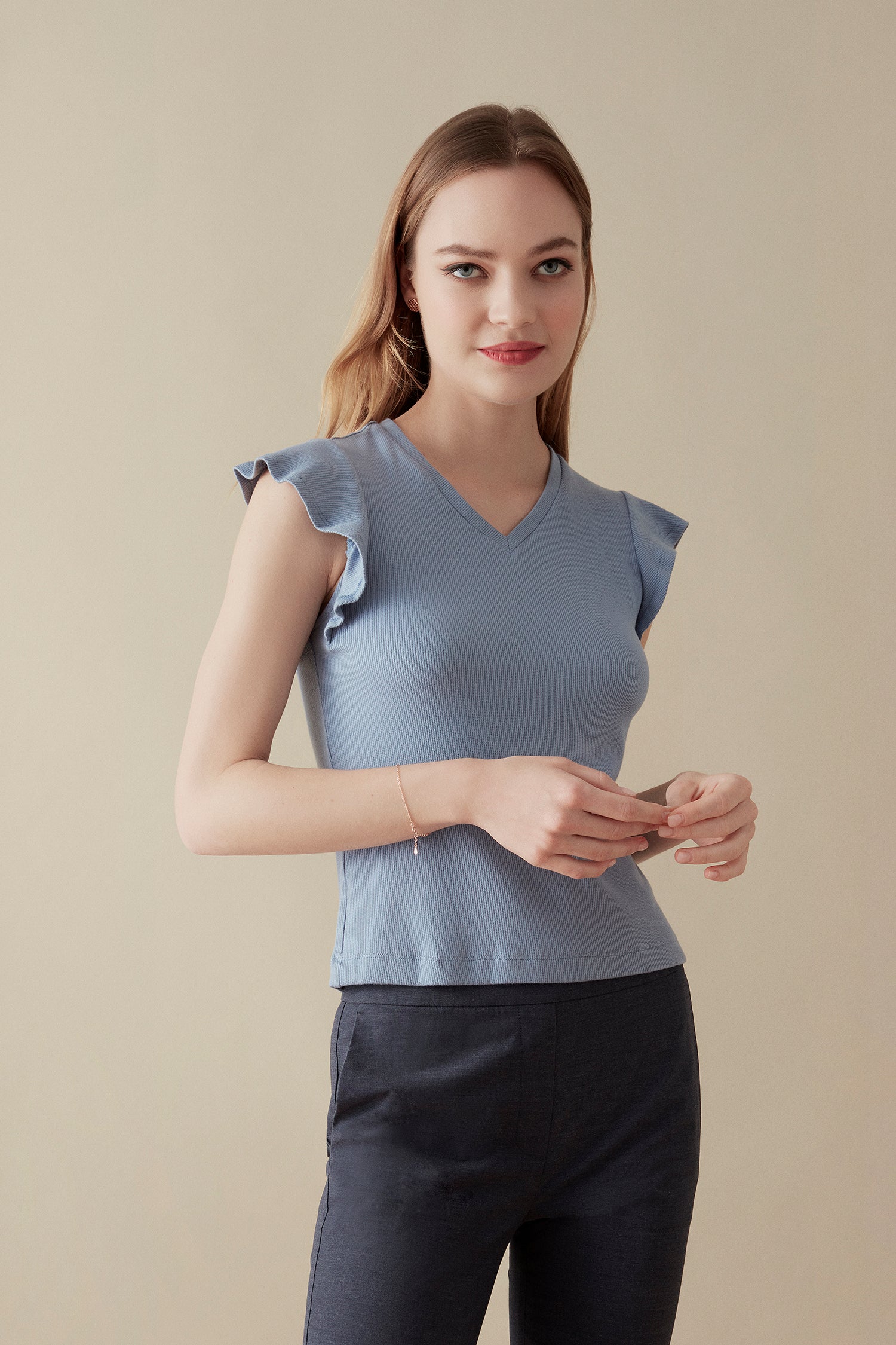 Ruffle Sleeve Ribbed Tee - Washed Denim